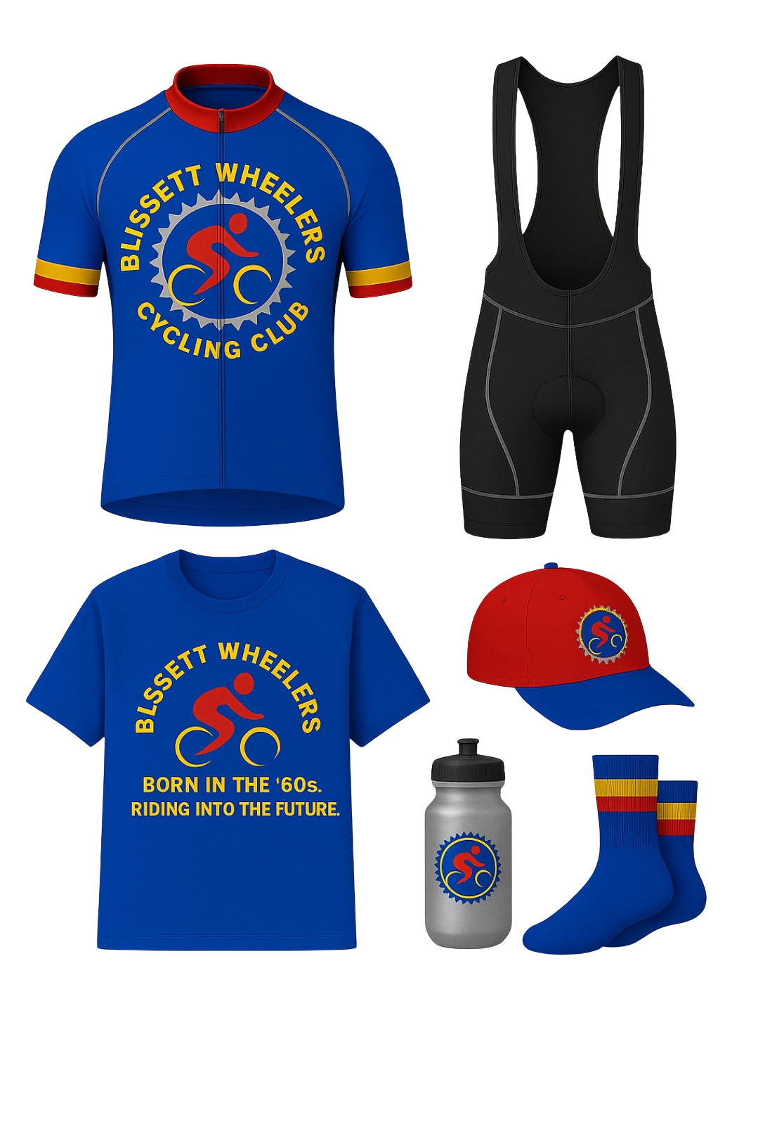 Full Blissett Wheelers kit collection — jersey, bibs, tee, cap, bottle, socks