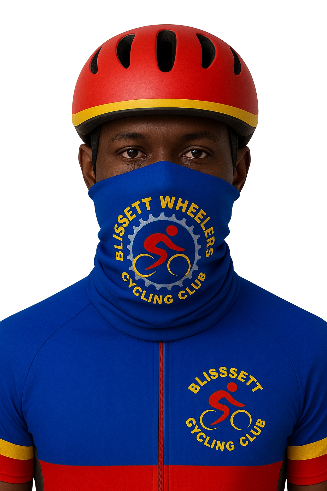 Rider in Blissett Wheelers helmet, neck gaiter and jersey